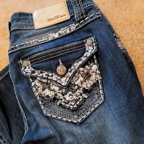Grace in LA Boot Cut Embellished Pocket Jeans - Picture 1 of 6